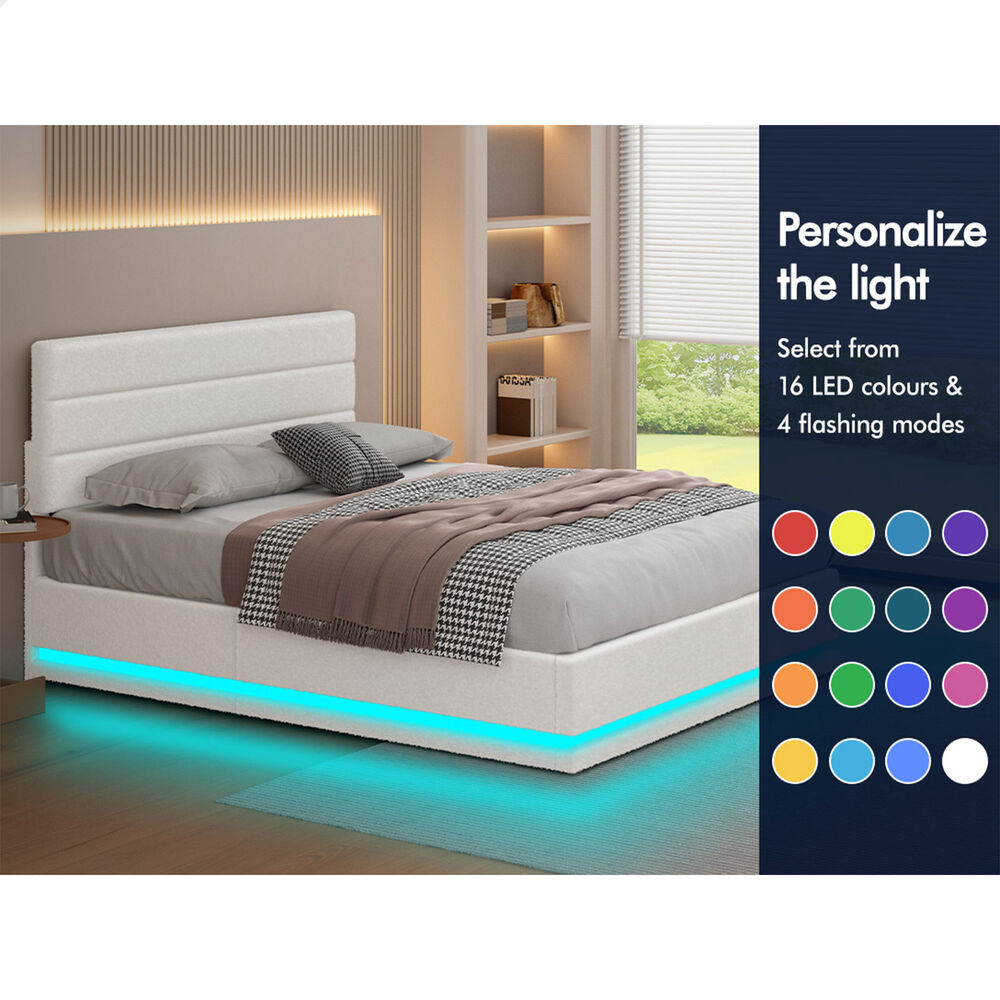 ALFORDSON Bed Frame Double Size Platform RGB LED Gas Lift Base Storage Boucle