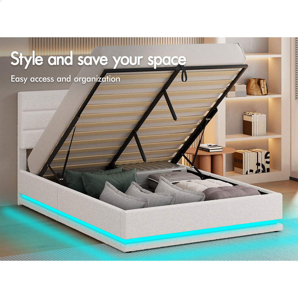 ALFORDSON Bed Frame Double Size Platform RGB LED Gas Lift Base Storage Boucle