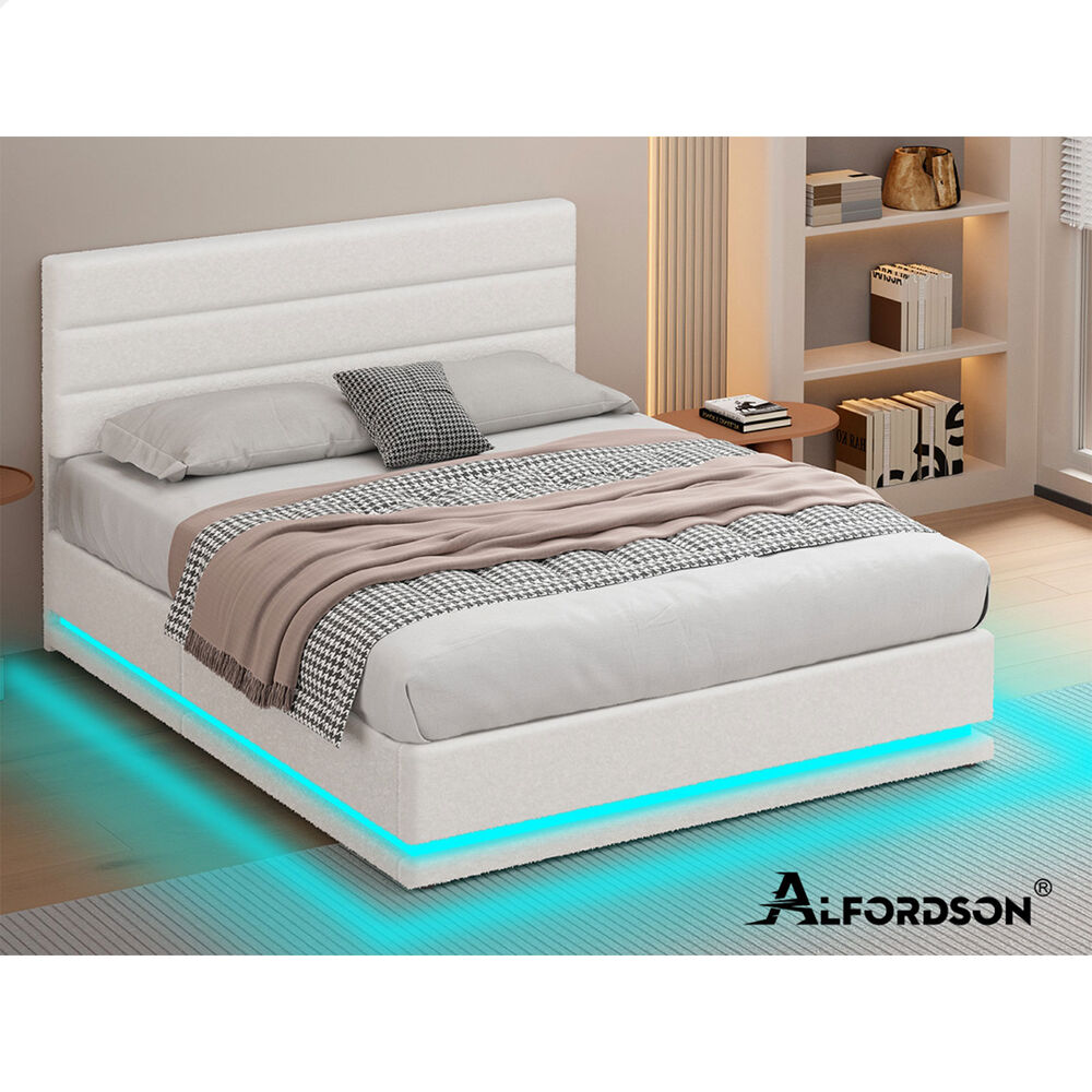 ALFORDSON Bed Frame Double Size Platform RGB LED Gas Lift Base Storage Boucle