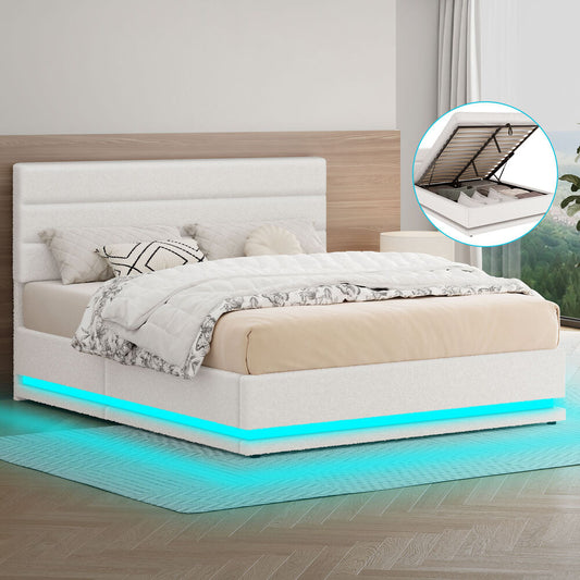 ALFORDSON Bed Frame Double Size Platform RGB LED Gas Lift Base Storage Boucle