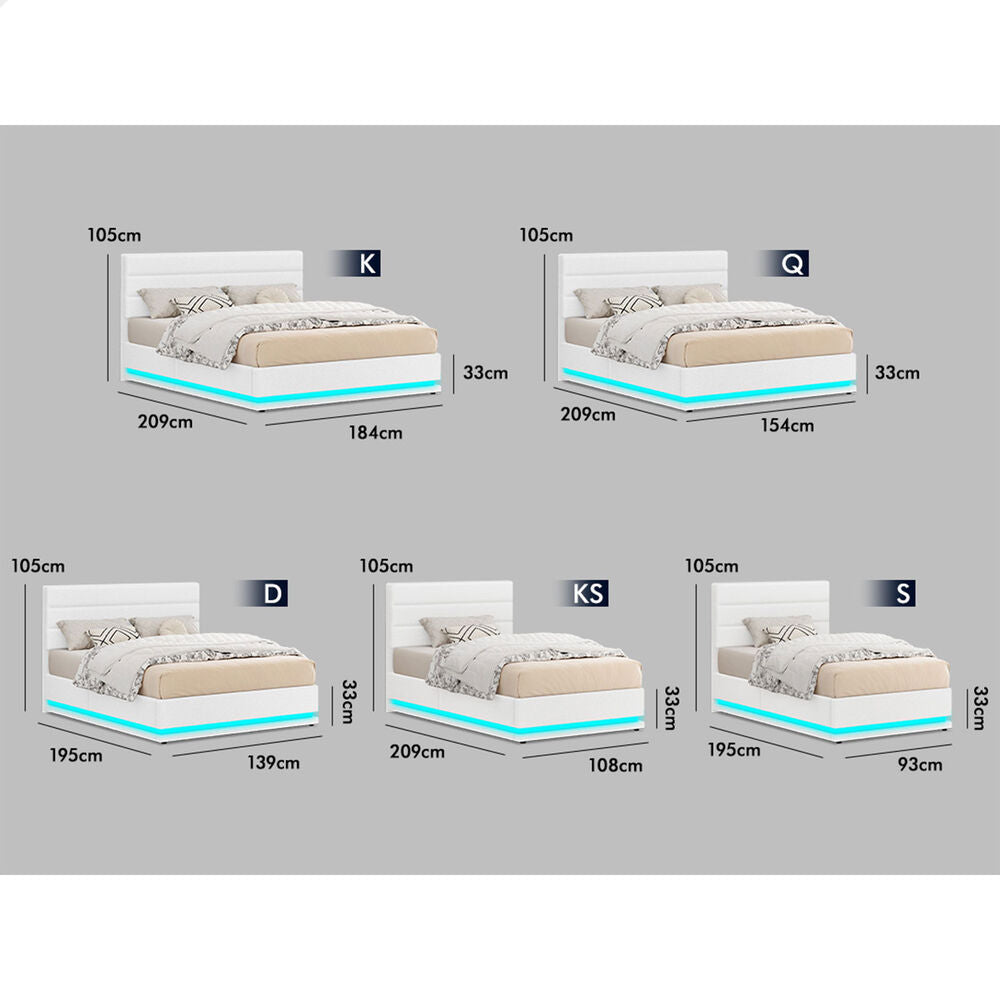 ALFORDSON Bed Frame Double Size Platform RGB LED Gas Lift Base Storage Boucle