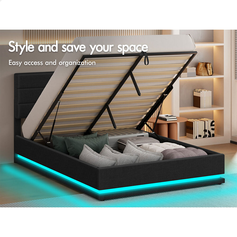 ALFORDSON Bed Frame Double Size Platform RGB LED Gas Lift Storage Base Charcoal