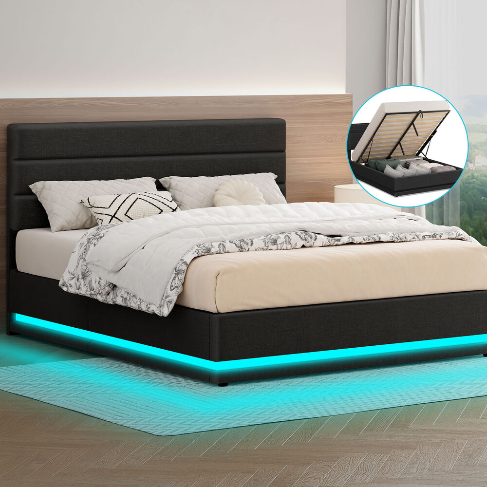 ALFORDSON Bed Frame Double Size Platform RGB LED Gas Lift Storage Base Charcoal