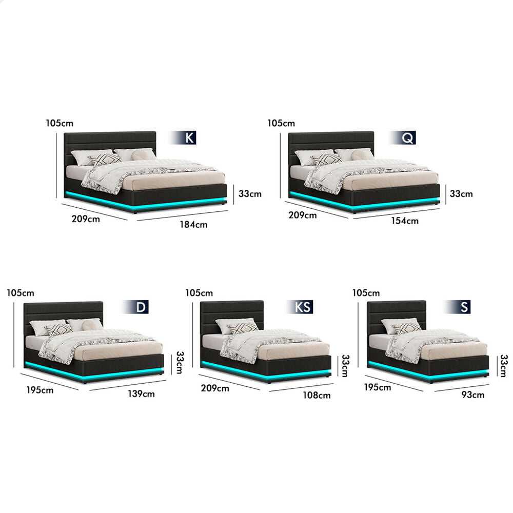 ALFORDSON Bed Frame Double Size Platform RGB LED Gas Lift Storage Base Charcoal