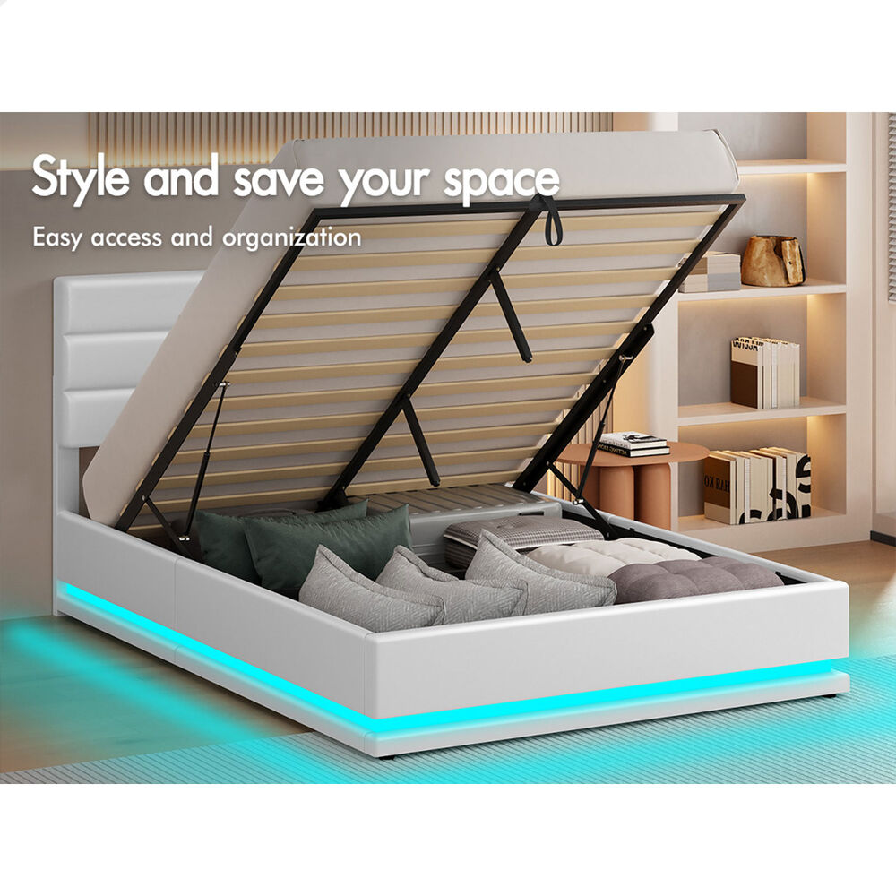 ALFORDSON Bed Frame Double Size Platform RGB LED Gas Lift Base Storage White