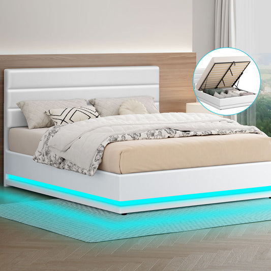 ALFORDSON Bed Frame Double Size Platform RGB LED Gas Lift Base Storage White