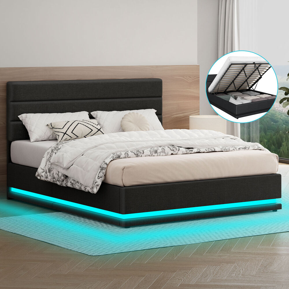 ALFORDSON Bed Frame King Size Platform RGB LED Gas Lift Storage Base Charcoal