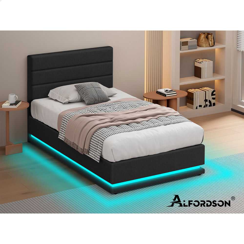 ALFORDSON Bed Frame King Single Platform RGB LED Gas Lift Storage Base Charcoal