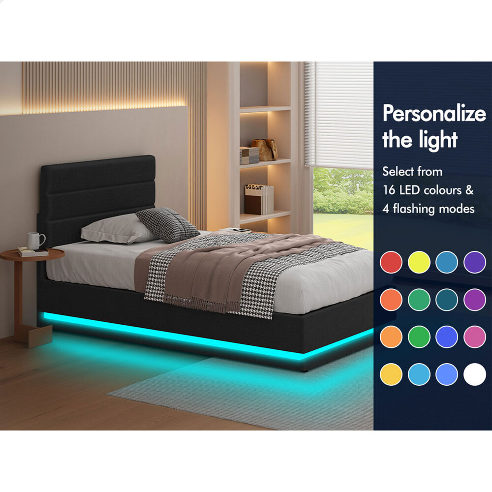 ALFORDSON Bed Frame King Single Platform RGB LED Gas Lift Storage Base Charcoal