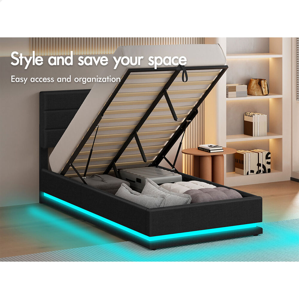 ALFORDSON Bed Frame King Single Platform RGB LED Gas Lift Storage Base Charcoal