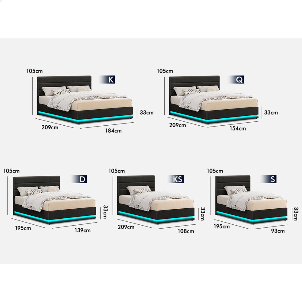ALFORDSON Bed Frame King Single Platform RGB LED Gas Lift Storage Base Charcoal