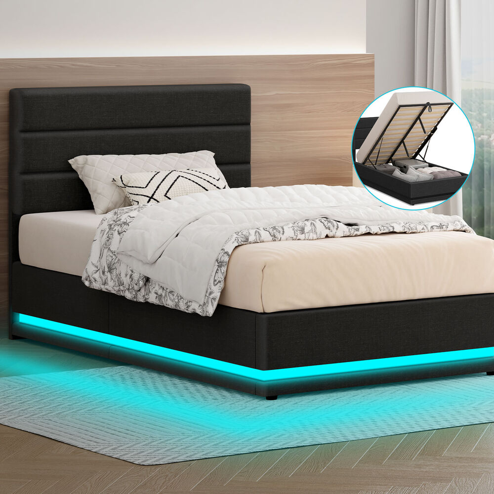 ALFORDSON Bed Frame King Single Platform RGB LED Gas Lift Storage Base Charcoal
