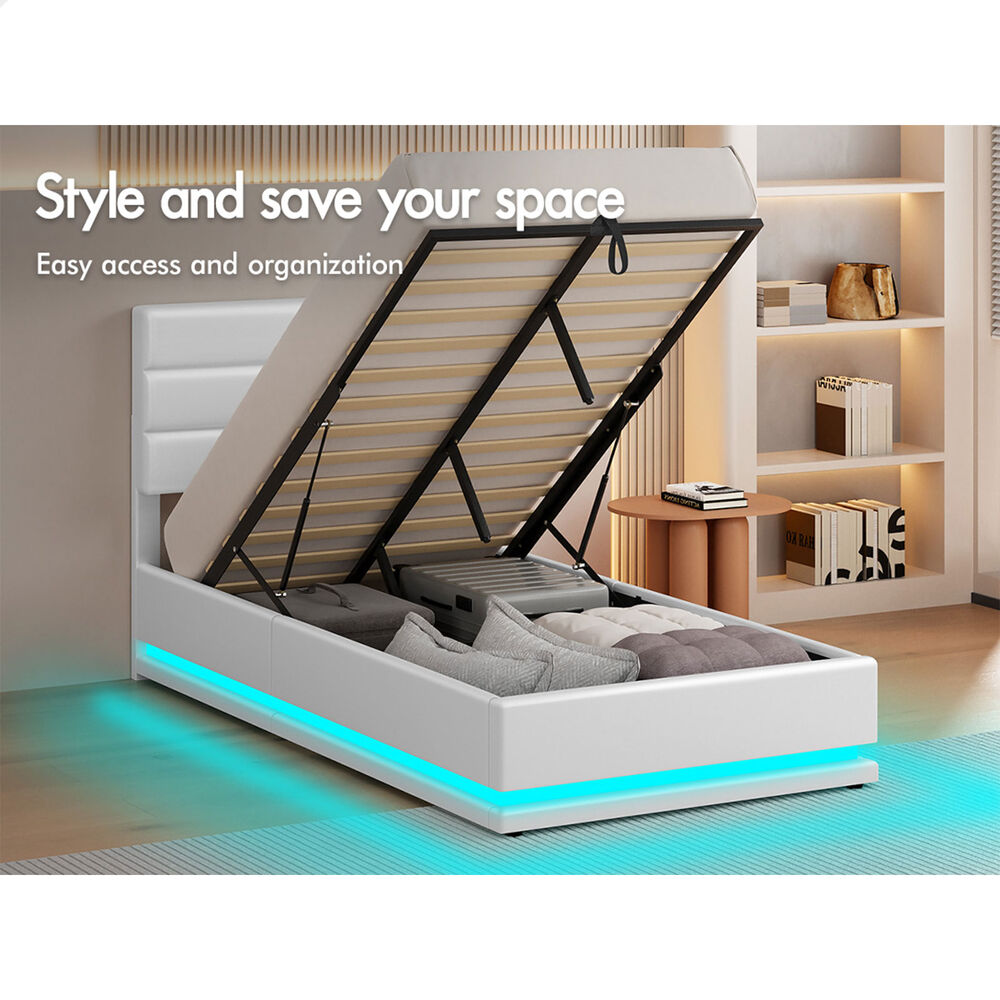 ALFORDSON Bed Frame King Single Platform RGB LED Gas Lift Base Storage White