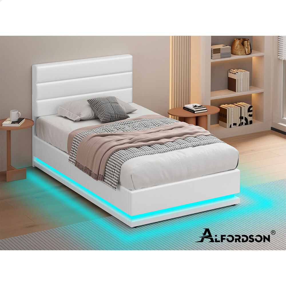 ALFORDSON Bed Frame King Single Platform RGB LED Gas Lift Base Storage White