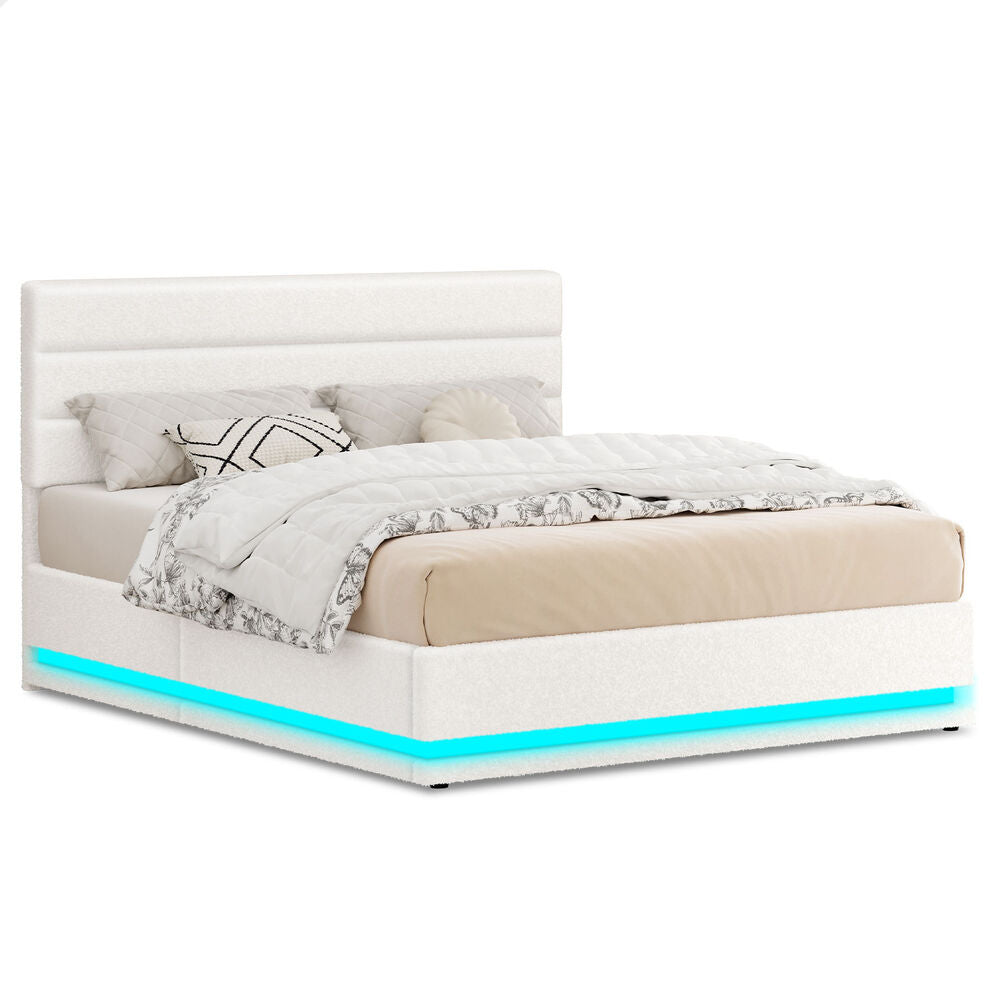 ALFORDSON Bed Frame Queen Size Platform RGB LED Gas Lift Base Storage Boucle