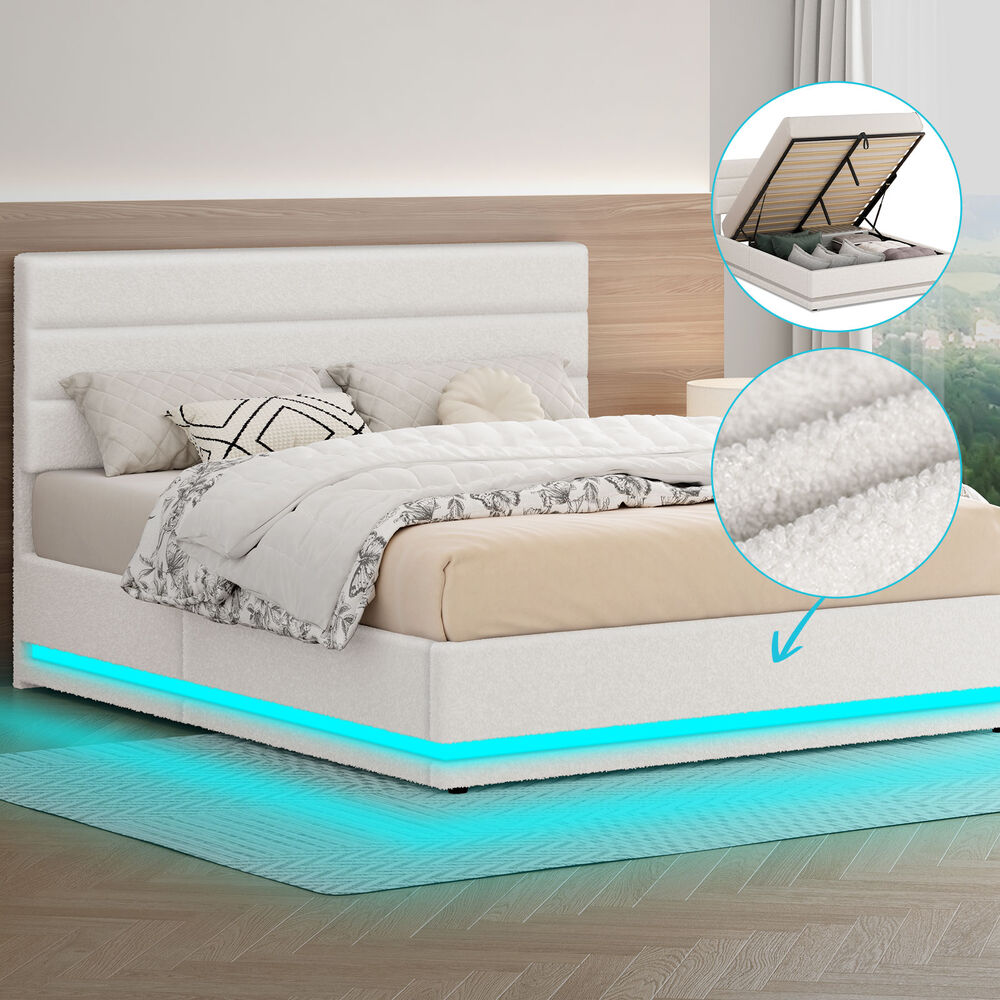 ALFORDSON Bed Frame Queen Size Platform RGB LED Gas Lift Base Storage Boucle