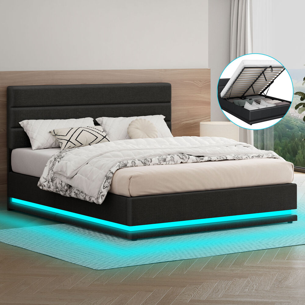 ALFORDSON Bed Frame Queen Size Platform RGB LED Gas Lift Storage Base Charcoal