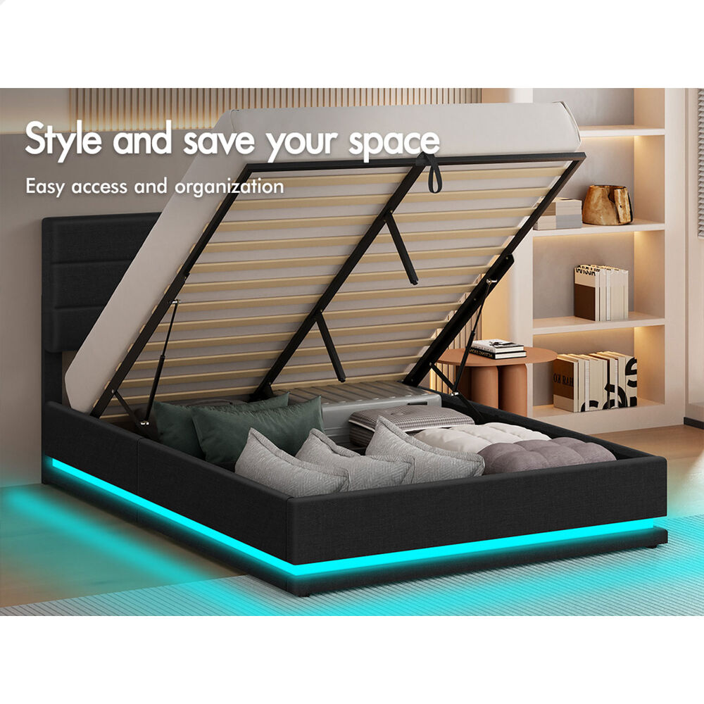 ALFORDSON Bed Frame Queen Size Platform RGB LED Gas Lift Storage Base Charcoal