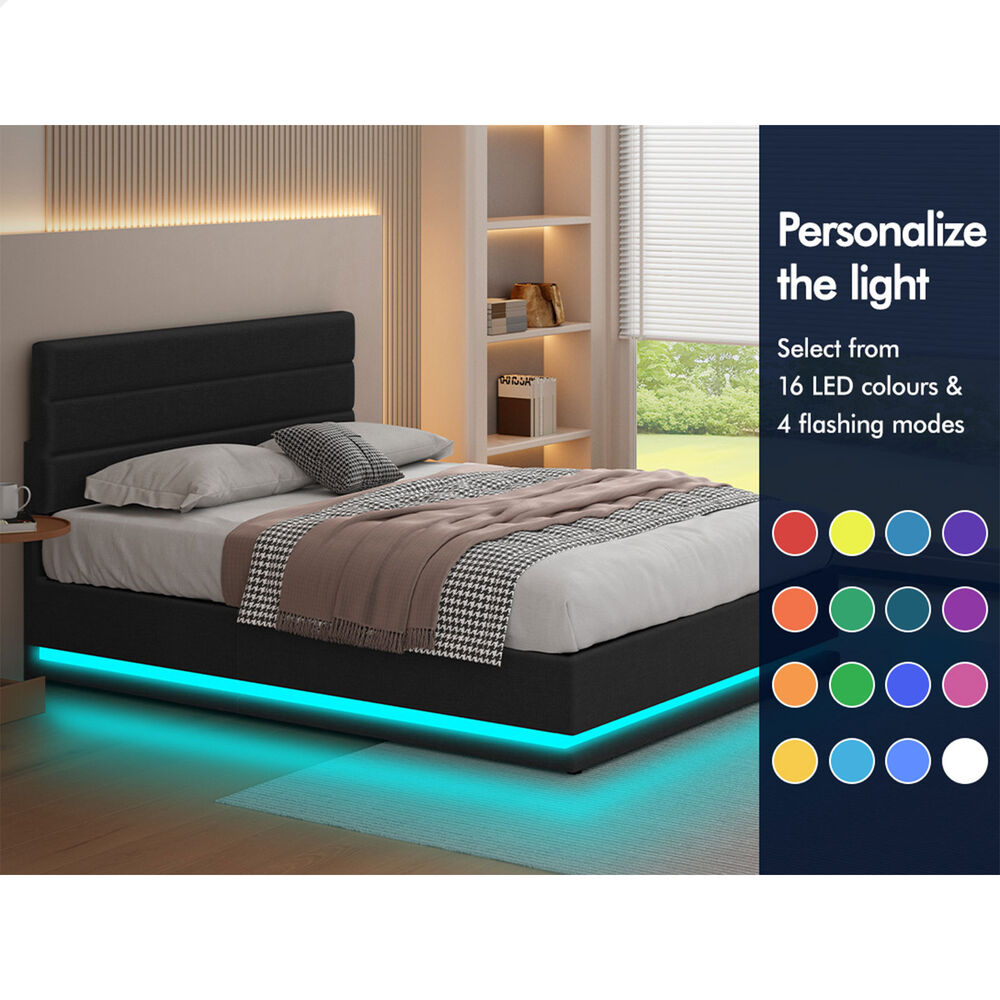 ALFORDSON Bed Frame Queen Size Platform RGB LED Gas Lift Storage Base Charcoal