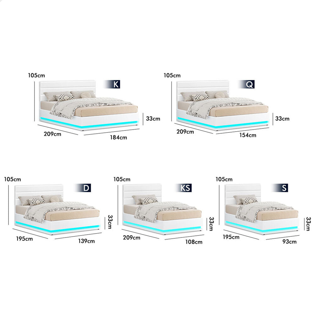 ALFORDSON Bed Frame Queen Size Platform RGB LED Gas Lift Base Storage White