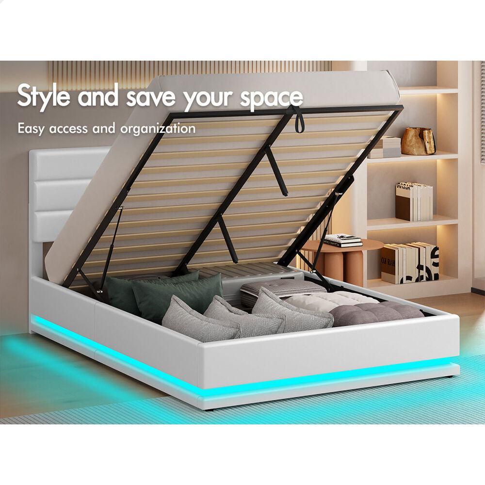 ALFORDSON Bed Frame Queen Size Platform RGB LED Gas Lift Base Storage White