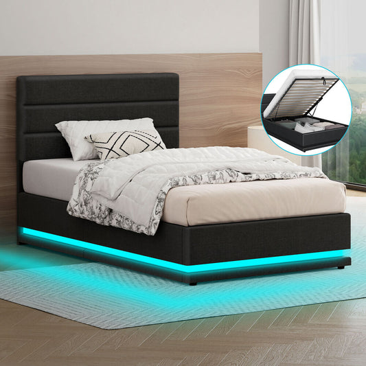 ALFORDSON Bed Frame Single Size Platform RGB LED Gas Lift Storage Base Charcoal