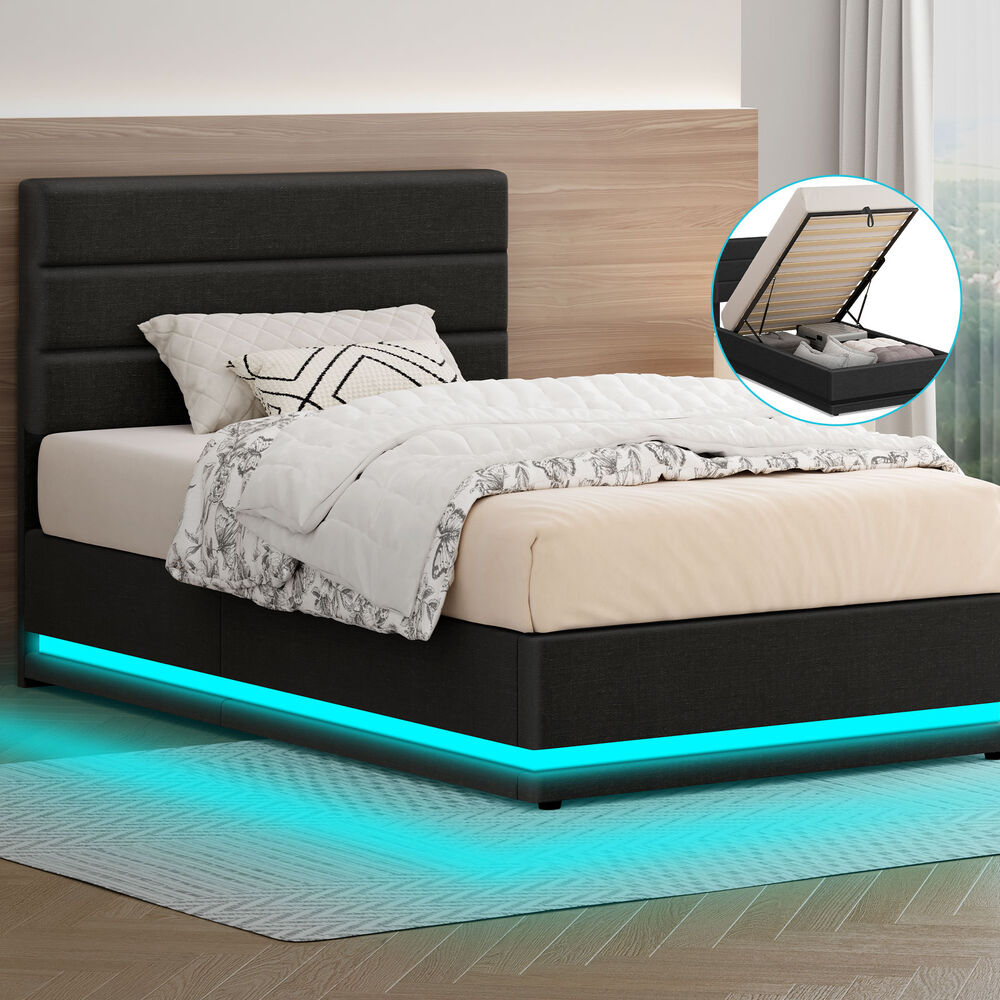 ALFORDSON Bed Frame Single Size Platform RGB LED Gas Lift Storage Base Charcoal