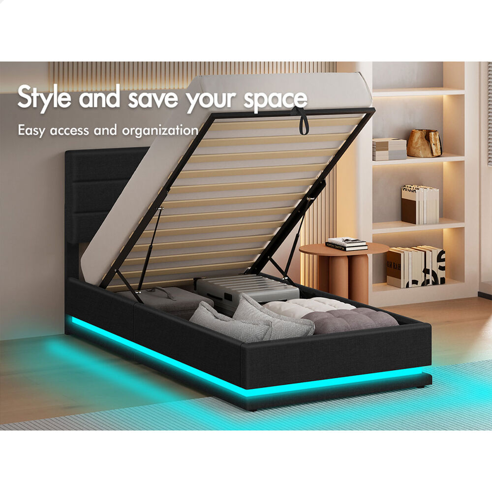 ALFORDSON Bed Frame Single Size Platform RGB LED Gas Lift Storage Base Charcoal