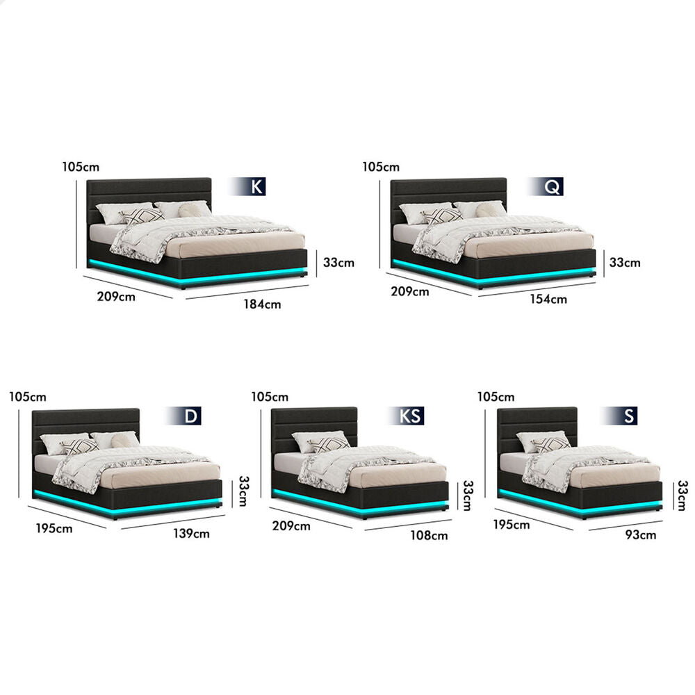 ALFORDSON Bed Frame Single Size Platform RGB LED Gas Lift Storage Base Charcoal