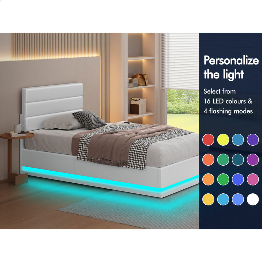 ALFORDSON Bed Frame Single Size Platform RGB LED Gas Lift Base Storage White