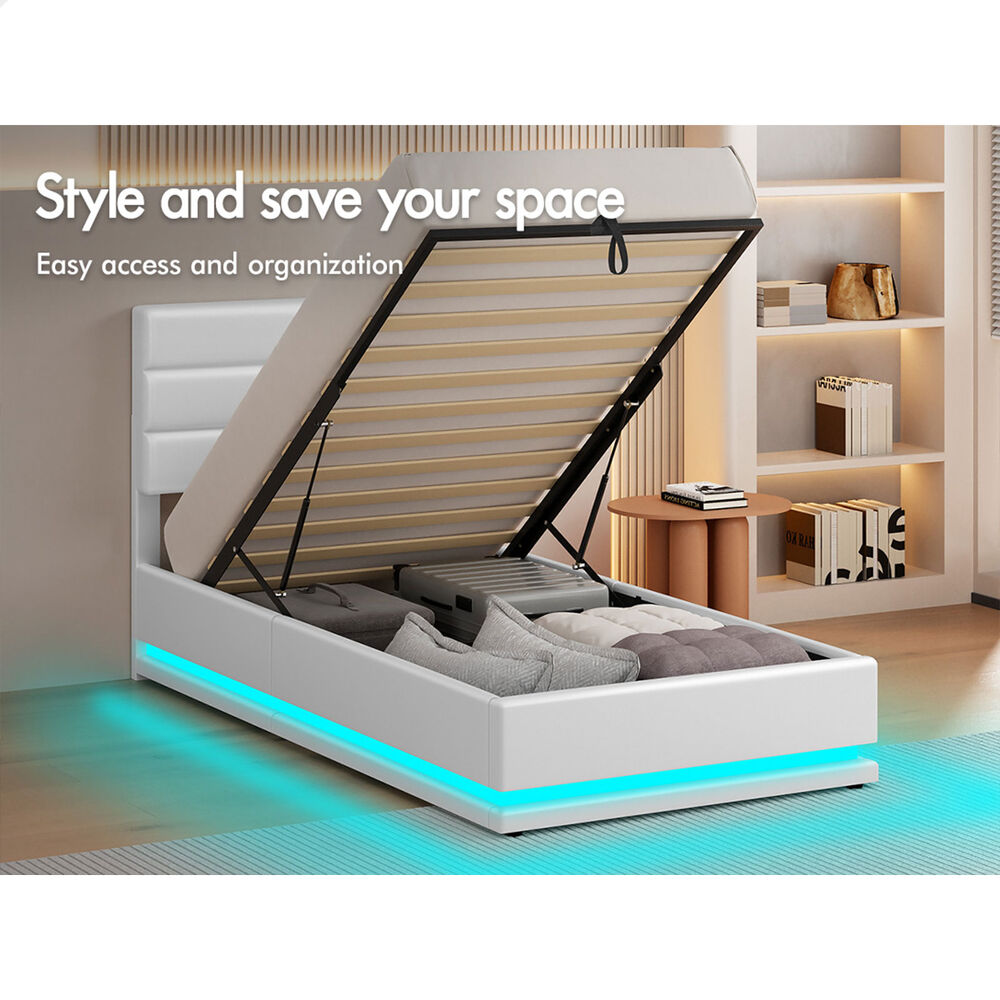 ALFORDSON Bed Frame Single Size Platform RGB LED Gas Lift Base Storage White