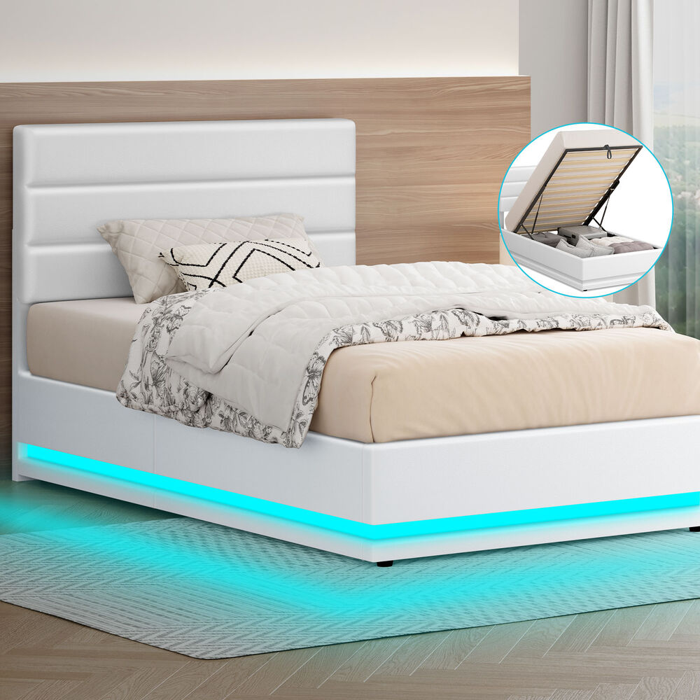 ALFORDSON Bed Frame Single Size Platform RGB LED Gas Lift Base Storage White