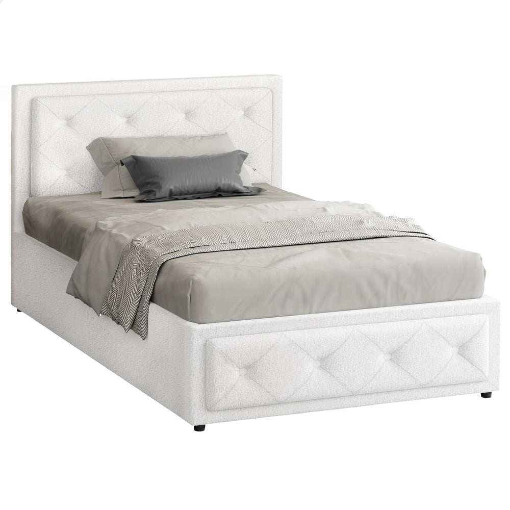 ALFORDSON Bed Frame King Single Gas Lift Storage Base Boucle Fabric White