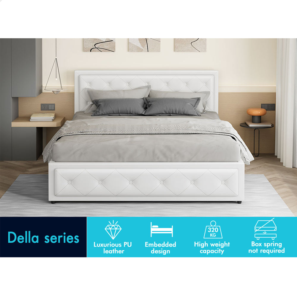 ALFORDSON Bed Frame Queen Size Gas Lift Storage Mattress Base Leather White