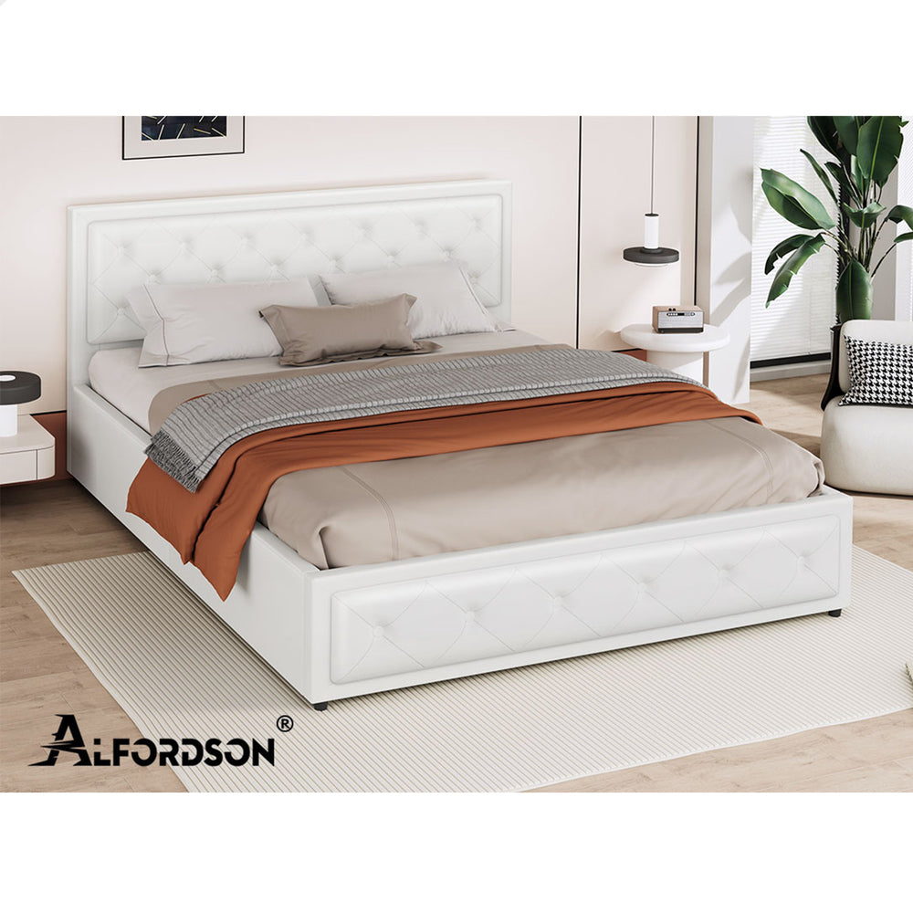 ALFORDSON Bed Frame Queen Size Gas Lift Storage Mattress Base Leather White