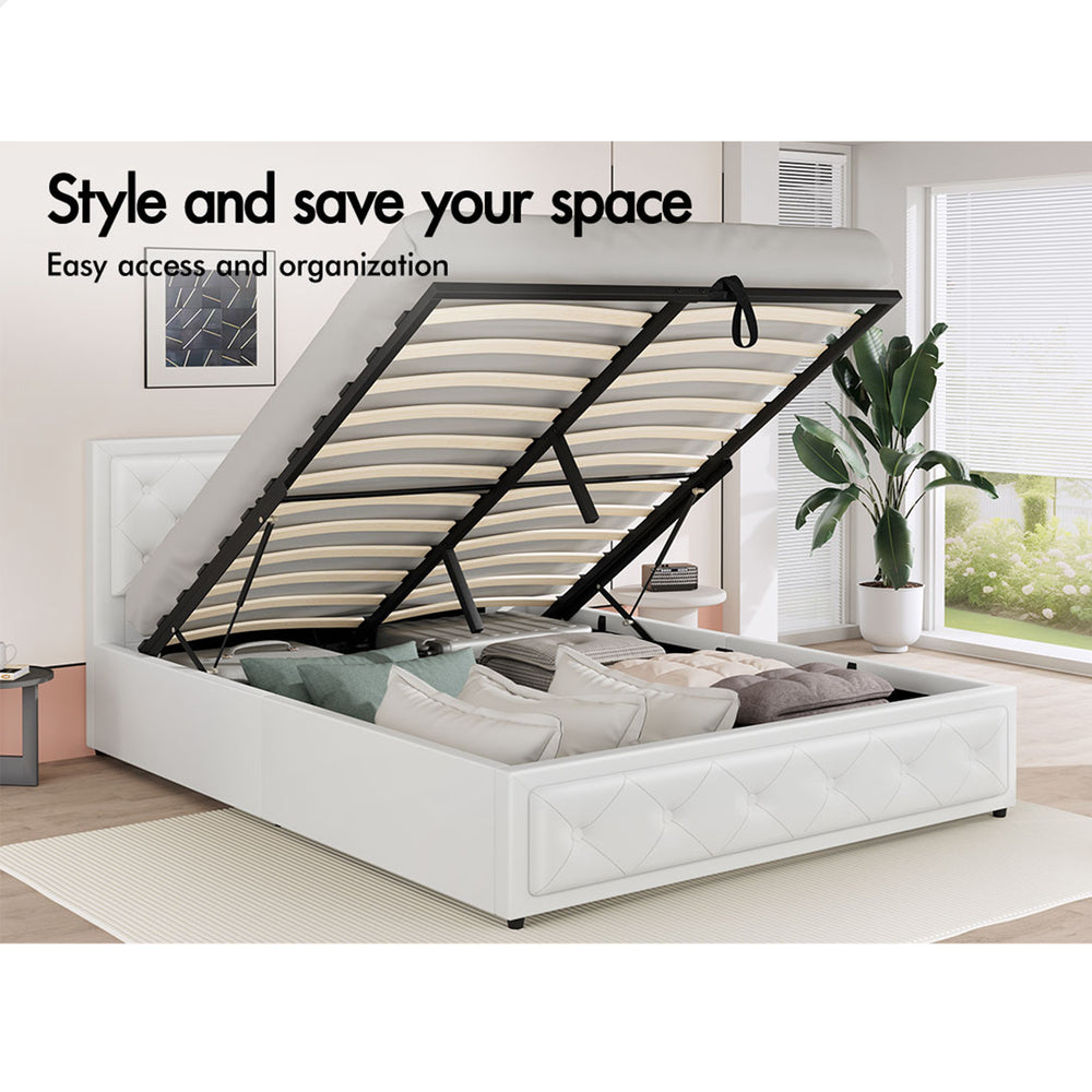 ALFORDSON Bed Frame Queen Size Gas Lift Storage Mattress Base Leather White