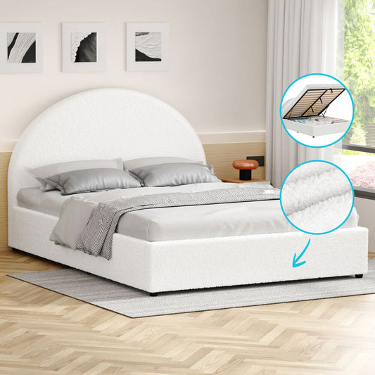 ALFORDSON Bed Frame Double Size Gas Lift Base With Storage White Boucle HOWELL