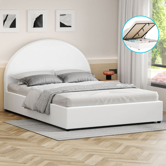 ALFORDSON Bed Frame Double Size Gas Lift Base With Storage White Leather HOWELL