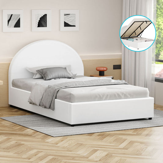 ALFORDSON Bed Frame King Single Gas Lift Base With Storage White Leather HOWELL