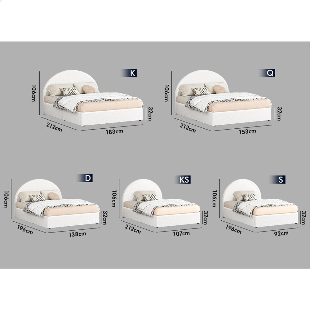 ALFORDSON Bed Frame Queen Size Arched Base Gas Lift Storage Boucle White Hoult