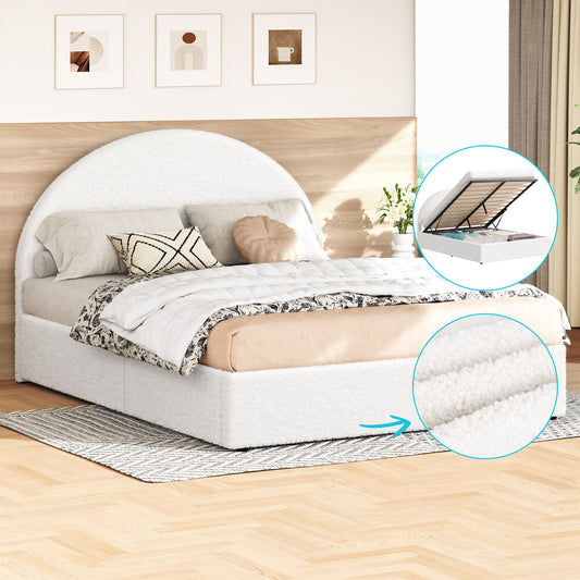 ALFORDSON Bed Frame Queen Size Arched Base Gas Lift Storage Boucle White Hoult