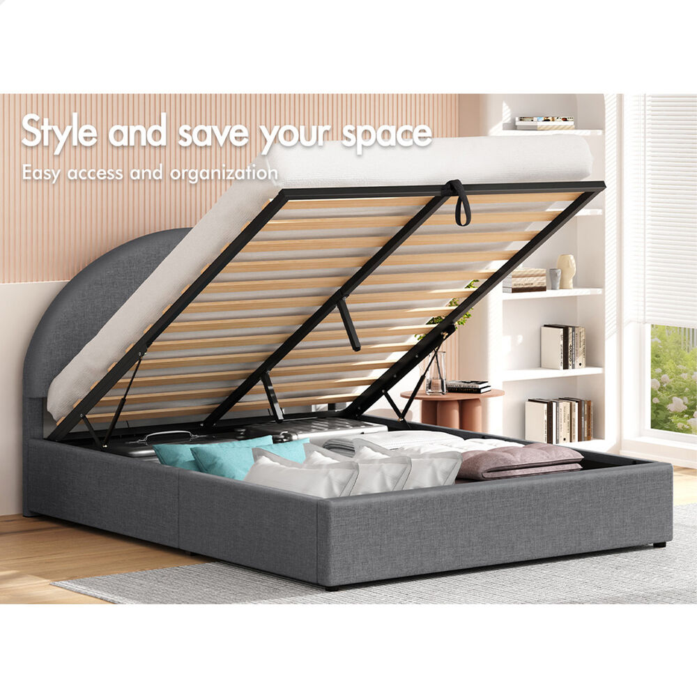 ALFORDSON Bed Frame Queen Size Arched Base Gas Lift Storage Fabric Grey Hoult