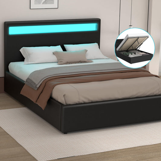 ALFORDSON Bed Frame Double Size RGB LED Gas Lift Base Platform Storage Black