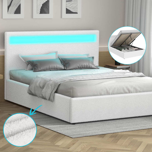 ALFORDSON Bed Frame Double Size RGB LED Gas Lift Base Platform Storage Boucle