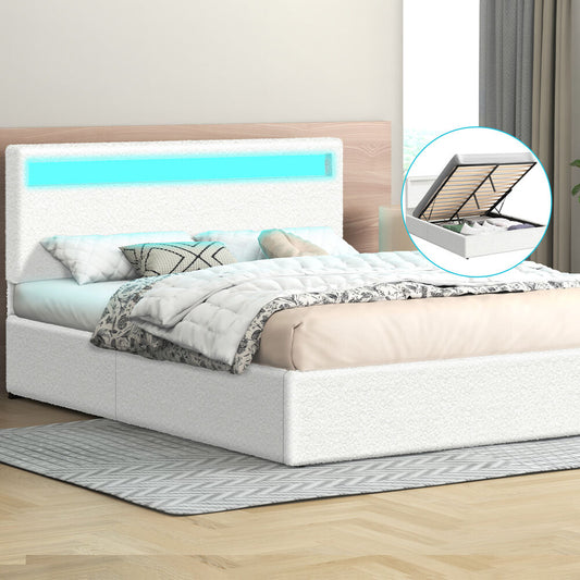 ALFORDSON Bed Frame Double Size RGB LED Gas Lift Storage Base Boucle LUCHINO