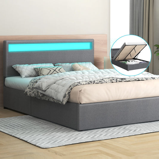 ALFORDSON Bed Frame Double Size RGB LED Gas Lift Storage Base Grey LUCHINO