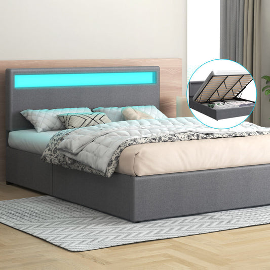 ALFORDSON Bed Frame King Size RGB LED Gas Lift Storage Base Fabric Grey LUCHINO