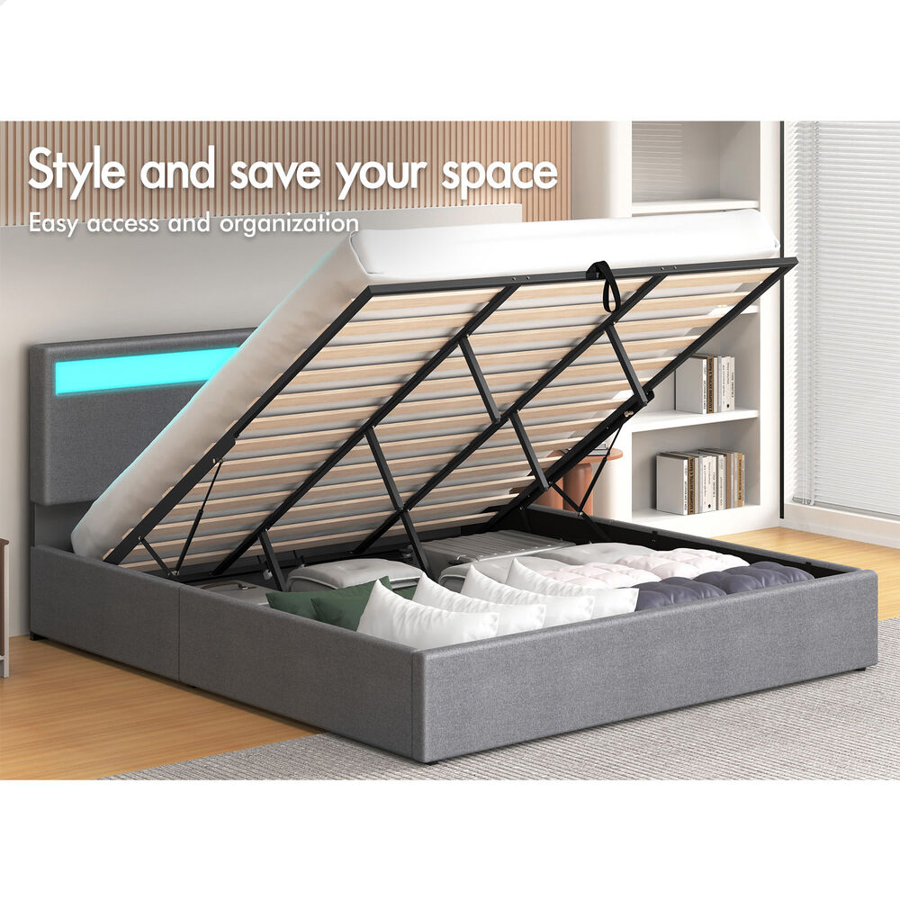 ALFORDSON Bed Frame King Size RGB LED Gas Lift Storage Base Fabric Grey LUCHINO