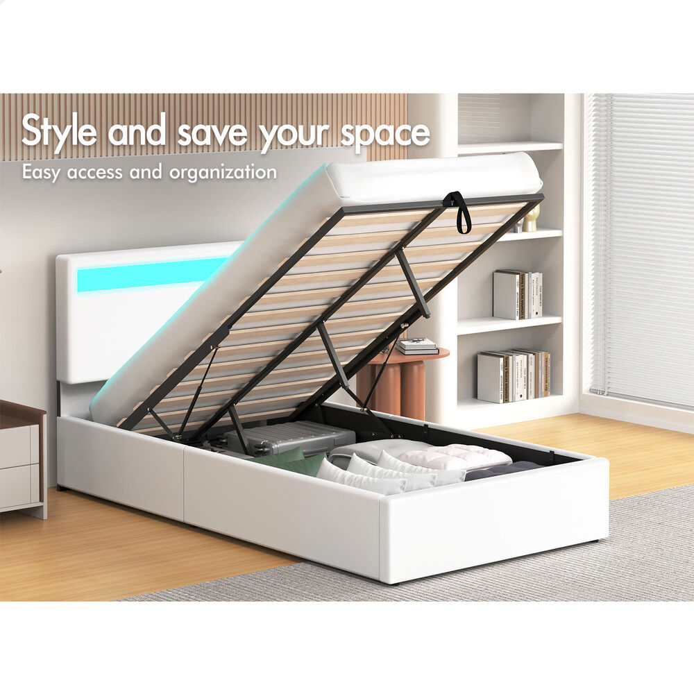 ALFORDSON Bed Frame King Single RGB LED Gas Lift Storage Base White LUCHINO