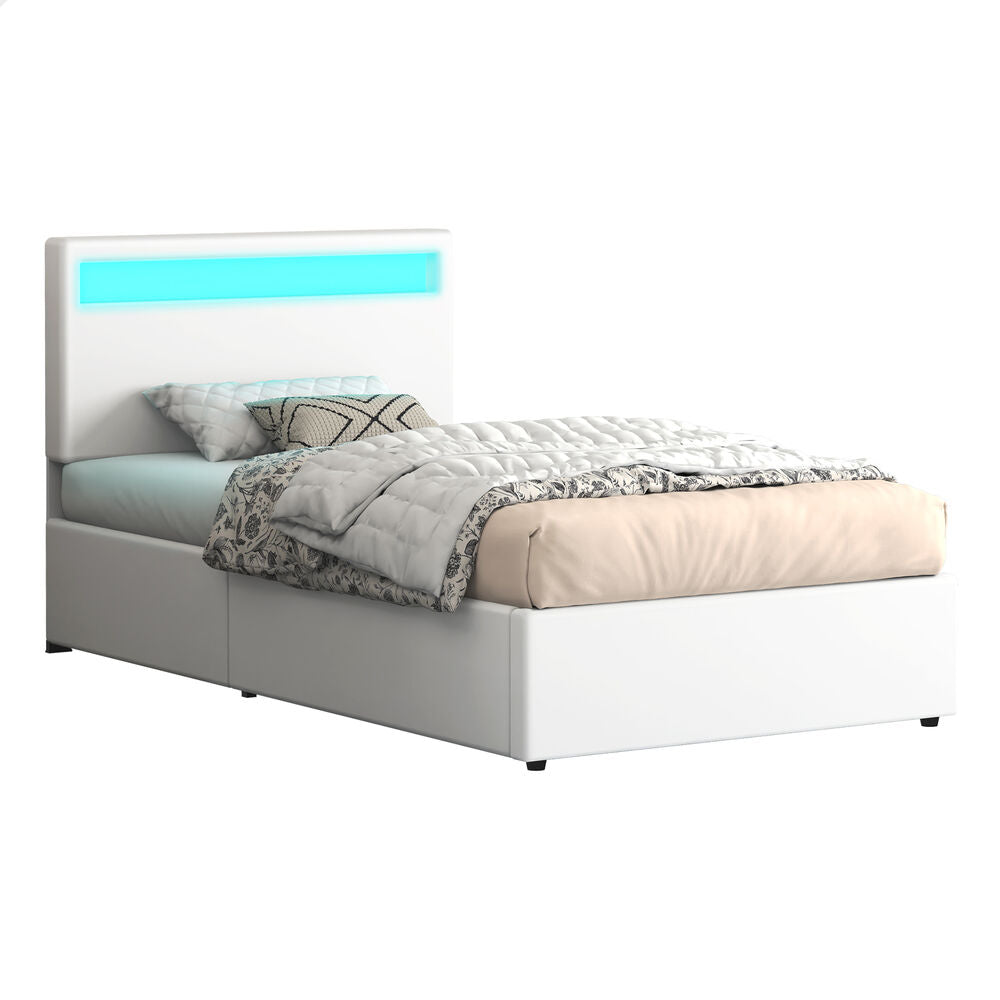 ALFORDSON Bed Frame King Single RGB LED Gas Lift Storage Base White LUCHINO
